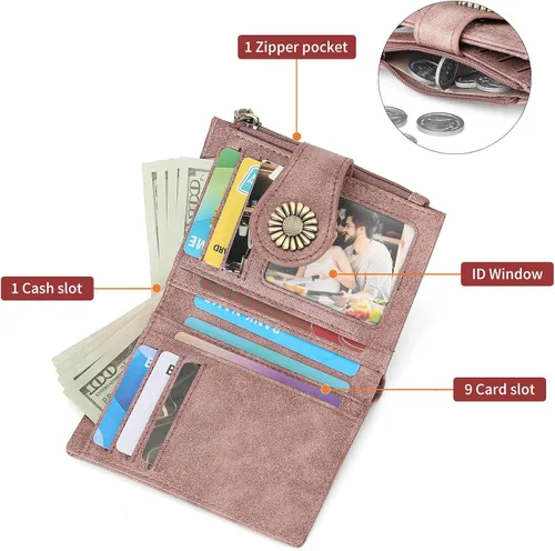Vista 3 de SENDEFN - Carteras pequeñas para mujer, cartera plegable con bloqueo RFID, portatarjetas de cuero, monedero compacto con bolsillo para monedas