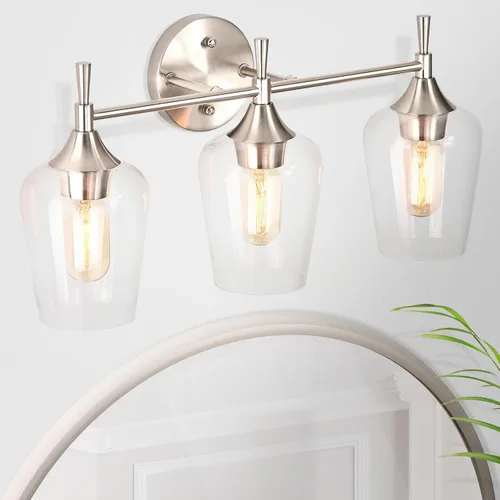 Vista 13 de Edvivi Lámpara de tocador de baño de 1 luz, níquel cepillado moderno con pantalla de vidrio transparente, apliques de pared para espejos, Latón