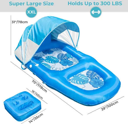 Vista 3 de Fabric Covered Inflatable Pool Lounger Float Adult, 70"x39" Extra Large Pool Float w/ UPF50+ Sunshade Canopy & Cupholder Caddy, Water Floaties Raft