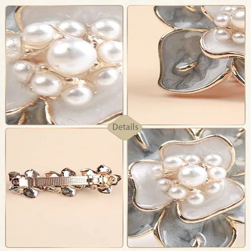 Vista 5 de Pinza para el pelo de perlas para mujeres y niñas, pasador de pelo de perla con flor de perla artificial, accesorios decorativos para el peinado