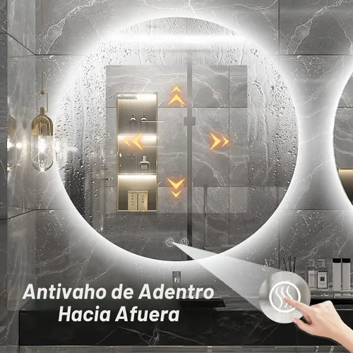 Vista 5 de Espejo de baño LED redondo de 30 pulgadas, retroiluminación de luz diurna de 6000 K, antivaho y regulable, espejo impermeable sin marco con control