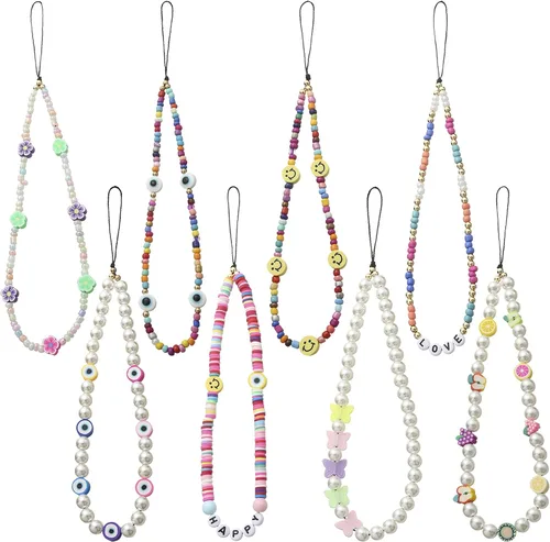Vista 13 de 6 dijes con cuentas para teléfono, correas con cuentas de frutas, estrellas, perlas falsas y arcoíris, cadenas de teléfono con cuentas para cámara