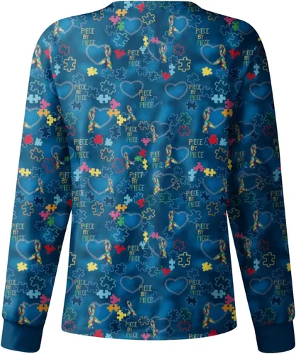 Vista 2 de Chamarras de uniforme médico para mujer, con estampado a presión, lindo patrón floral, manga larga, uniformes de enfermería