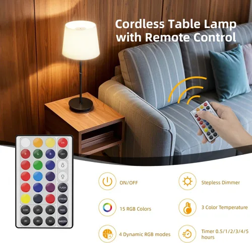 Vista 9 de lámpara de mesa recargable, lámpara de escritorio inalámbrica con batería de 5000mAh, bombillas RGB magnéticas regulables y control remoto, lámpara
