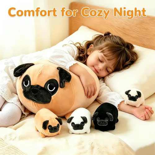 Vista 5 de MMguai Peluche Suave de Bulldog Lindo Bulldog Francés Animales de Peluche con 4 Peluches de Cachorro Bebé en su Barriga, Almohada Blanda Grande