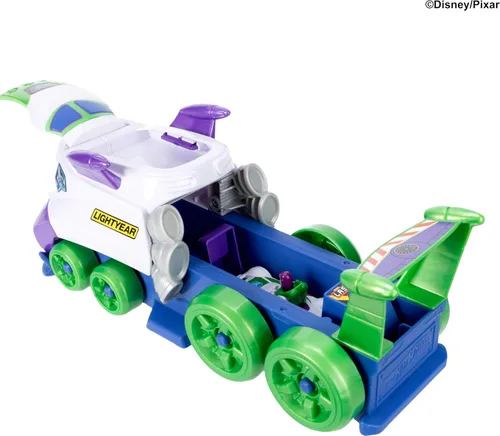 Vista 6 de Hot Wheels Coche de juguete, Disney y Pixar Hi-Tech Buzz Lightyear Launcher & Hauler con escala 1:64 Die-Cast Superstar Speeder Hi-Tech Buzz