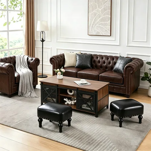 Vista 5 de Reposapiés de cuero otomano de madera, asiento rústico para pies, reposapiés de madera, reposapiés rectangular pequeño otomano para dormitorio, sala