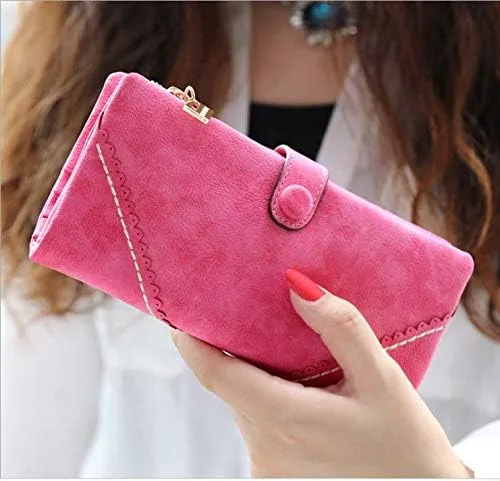 Vista 4 de Cartera de cuero vegano para mujer, bolso de mano plegable de gran capacidad, organizador de tarjetas, con hebilla, bolso largo para niñas