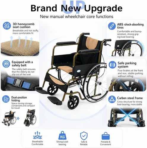 Vista 5 de Silla de ruedas plegable ligera para adultos, silla de ruedas autopropulsada de 24 pulgadas para adultos con frenos de mano duales, silla de ruedas