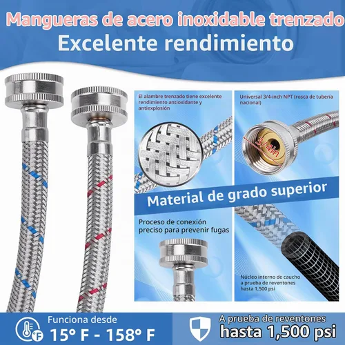 Vista 3 de Mangueras de lavadora de acero inoxidable de 4 pies Conexión NPT de 3/4