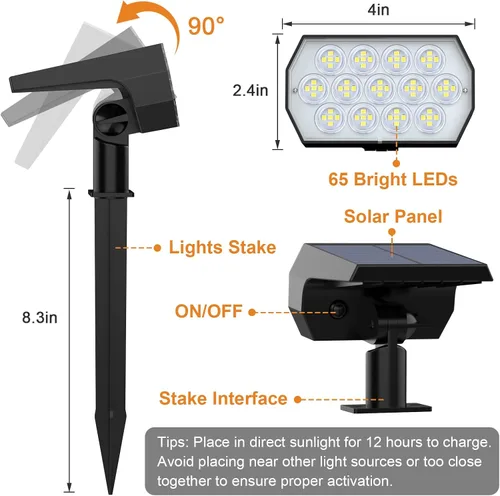 Vista 6 de WELALO Focos solares para exteriores, [2 unidades/65 LED/3 modos] focos solares de paisaje, luces de seguridad alimentadas por energía solar, luces