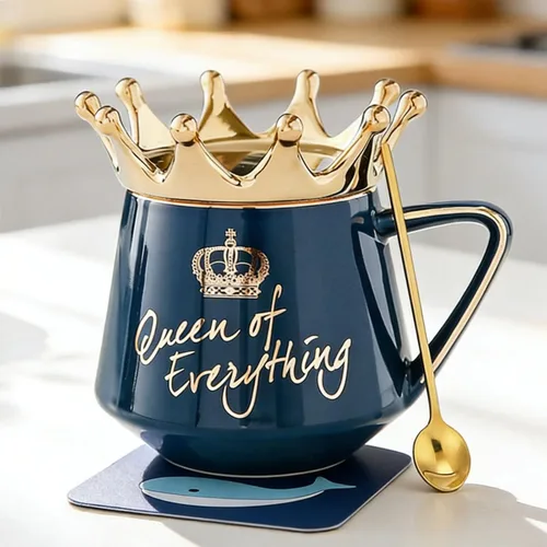 Vista 11 de Arawat Queen of Everything - Taza con tapa, taza negra dulce con corona de café, taza de 12 onzas, regalo con cuchara y posavasos, taza de té
