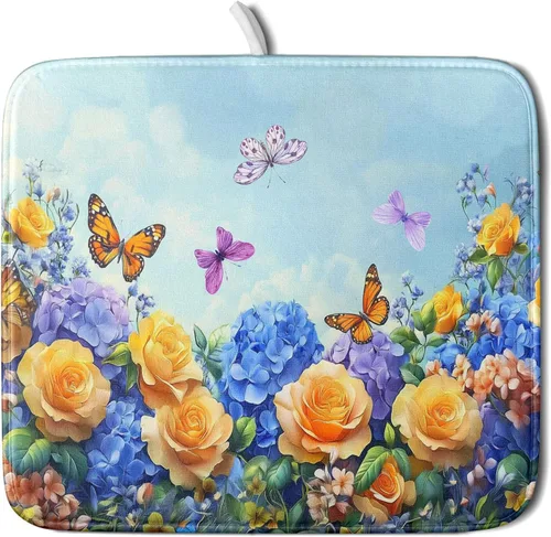 Vista 50 de Tapete de Secado de Platos de Florero de Girasoles Otoñales para Encimera de Cocina, Tapete de Secado de Hojas de Arce y Calabaza Otoñal de 16 x 18