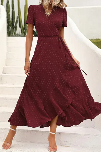 Vista 7 de PRETTYGARDEN - Vestido largo de verano cruzado para mujer, con cuello en V, estilo bohemio, floral, manga corta, dobladillo con volantes