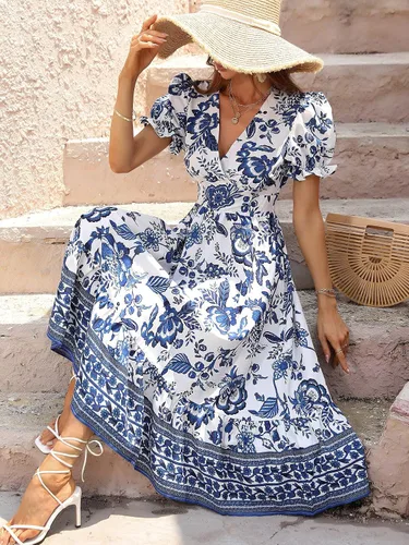 Vista 4 de SHENHE Vestido de verano para mujer, con cuello en V, manga abombada, dobladillo con volantes, línea A