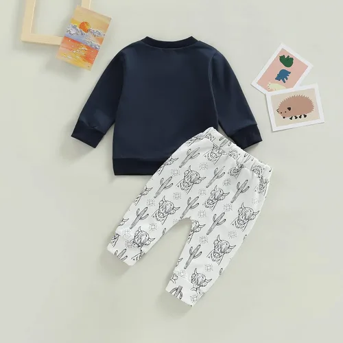 Vista 2 de Ropa occidental para bebé recién nacido, sudadera con estampado de vaca, sudadera y pantalones deportivos, conjunto de ropa para otoño e invierno