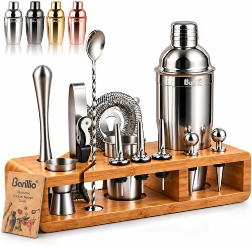 Vista 11 de Barillio Black Bartender Kit – Juego de coctelera de acero inoxidable con soporte de bambú – Herramientas de barra de mixología con coctelera