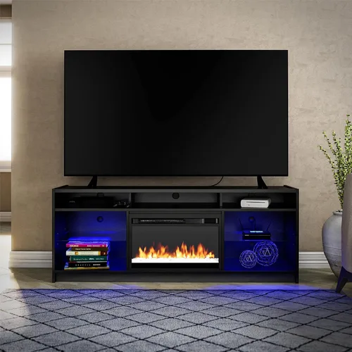 Vista 2 de Ameriwood Home Luna - Soporte de TV con chimenea para televisores de hasta 65 pulgadas, calentador eléctrico reemplazable, control remoto Roble negro