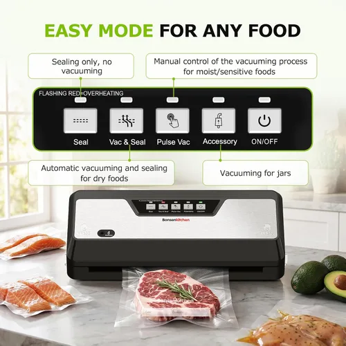Vista 10 de Bonsenkitchen Máquina selladora al vacío,1 rollo y 5 bolsas precortadas