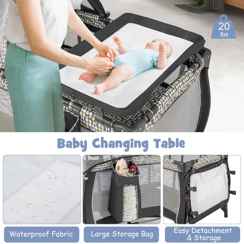 Vista 7 de HONEY JOY Pack and Play, centro de guardería plegable 4 en 1 con moisés infantil de tamaño completo y cambiador de pañales, cuna portátil para niños