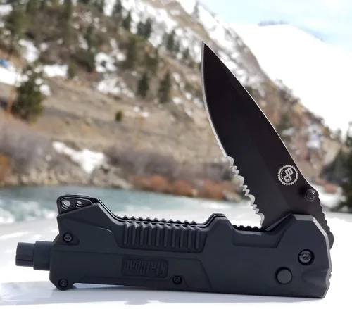 Vista 6 de StatGear Herramienta táctica de rescate automático T3 - Cuchillo de rescate plegable, rompevales de vidrio, cortador de cinturón de seguridad