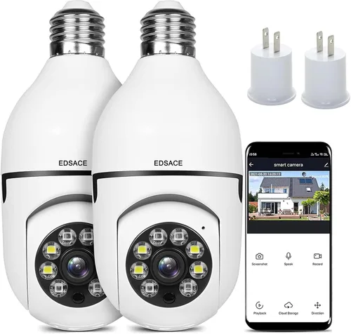 Vista 8 de Cámara de seguridad con bombilla 5G WiFi de doble banda, 360 grados 1080P inalámbrica para interiores a todo color, cámara domo inteligente