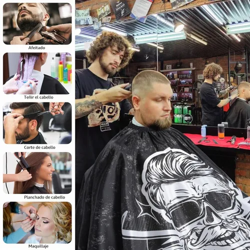 Vista 8 de Capa de peluquería profesional de 64 x 56 pulgadas para hombre, capa impermeable para cortar el cabello con cuello elástico y cierre ajustable, capa
