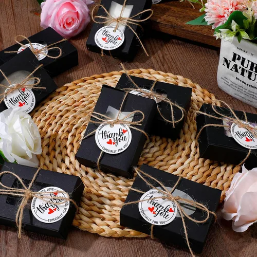 Vista 3 de Kosiz Paquete de 100 cajas de jabón Kraft con ventanas transparentes, 4 diseños de ventanas, kit de recuerdos de fiesta con etiquetas y cuerda, Negro
