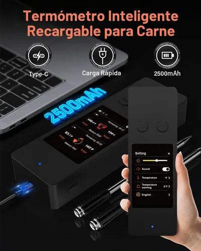 Vista 6 de Termómetro inalámbrico para carne con Bluetooth y aplicación, pantalla táctil, alarma audible, 2 sondas, alcance de 800 pies y base recargable