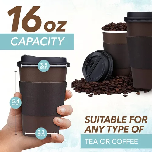 Vista 2 de Promora Tazas de café café desechables de 16 onzas con tapas y mangas, tazas de papel prémium (paquete de 100)