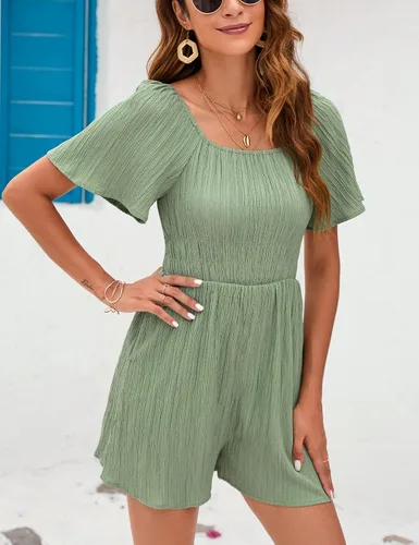 Vista 3 de KOJOOIN Women's Short Sleeve Square Neck Short Romper Off Shoulder Flutter Sleeve Wide Leg Mini Rompers