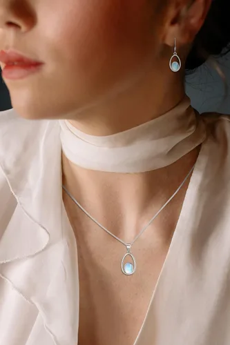 Vista 3 de Juego de joyas de piedra lunar de ópalo, collar y aretes de plata de ley 925 para mujer, piedra lunar de ópalo, regalos para orejas sensibles