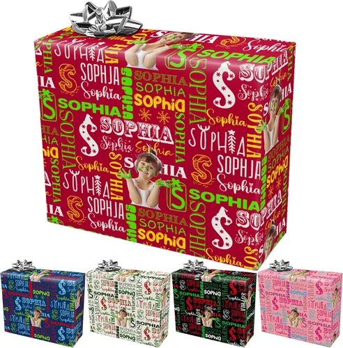 Vista 23 de Papel de regalo personalizado con fotografía, “Merry Christmas” con sombrero de Navidad, papel de regalo personalizado “Happy Birthdays” con nombre