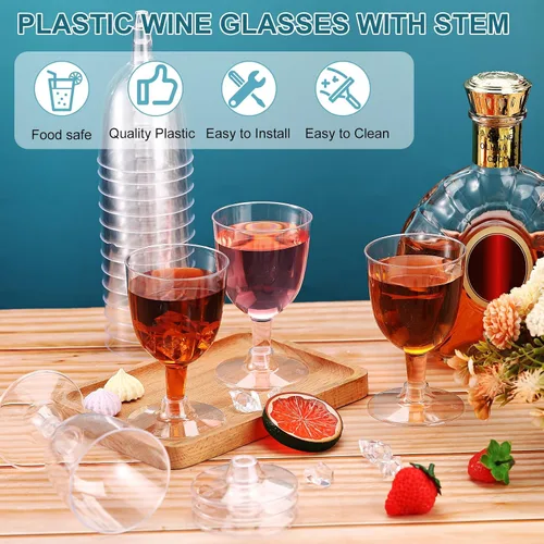 Vista 4 de Didaey 48 copas de vino de plástico desechables de 6 onzas, copas de vino para fiestas, vasos de plástico duro con tallo apilables para copas