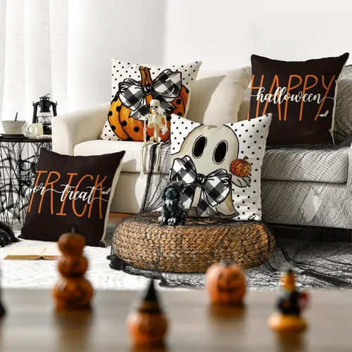 Vista 2 de AVOIN colorlife Happy Halloween - Juego de 4 fundas de almohada de 16 x 16 pulgadas, con diseño de fantasmas, diseño de murciélagos y calabaza