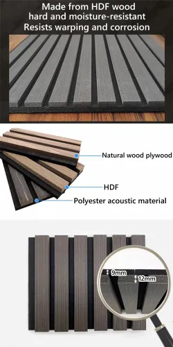 Vista 3 de Paneles acústicos de pared acústicos, paneles grandes insonorizados, panel de absorción de sonido acanalado 3D con acabado de madera, tratamiento