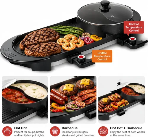 Vista 3 de SEAAN Olla caliente con parrilla, parrilla eléctrica para interiores, Shabu Shabu Shabu Pot coreana sin humo, doble temperatura contral, capacidad