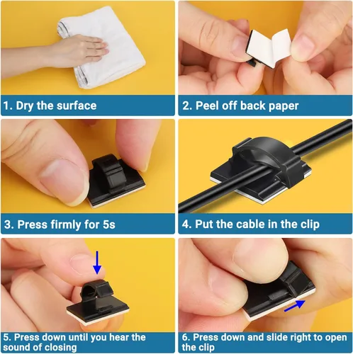 Vista 4 de Segarty Clip para cables, 100 unidades pequeñas de color negro, ideal para organizar cables, autoadhesivas, gestión de cables para colgar cables