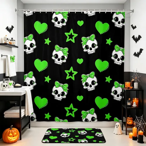 Vista 9 de Happy Halloween Shower Curtain,Bowknot Snowflake Pattern Bathroom Curtains,Sweet Ghost Holiday Theme Waterproof Bath Curtain,Black Bathroom Curtains