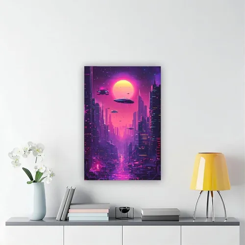 Vista 6 de XAHOR Impresión de ciudad de neón estilo años 80 – Arte de pared retro futurismo para oficina, estudio, dormitorio, lienzo decorativo para pared