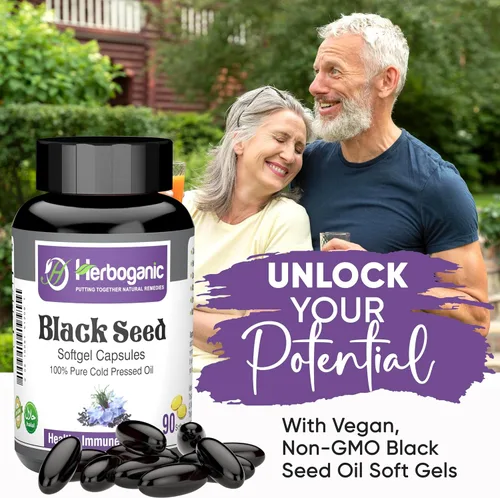 Vista 9 de HERBOGANIC Cápsulas blandas de aceite negro prensado en frío, 90 unidades, mezcladas con otros productos herbarios, apoya la salud general