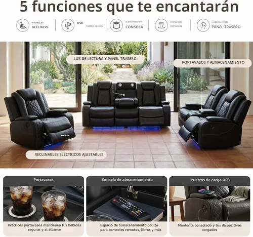 Vista 3 de Juego de sofá reclinable eléctrico, sofás reclinables de cuero negro, 3 piezas de sofá reclinable de cuero de aire y silla de dos plazas con luces