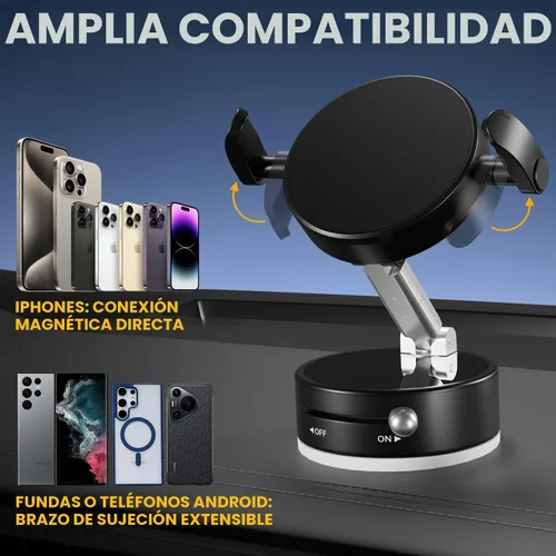 Vista 2 de Soporte magnético de vacío ajustable de 360° para teléfono, soporte magnético de succión al vacío con abrazadera, soporte de teléfono plegable
