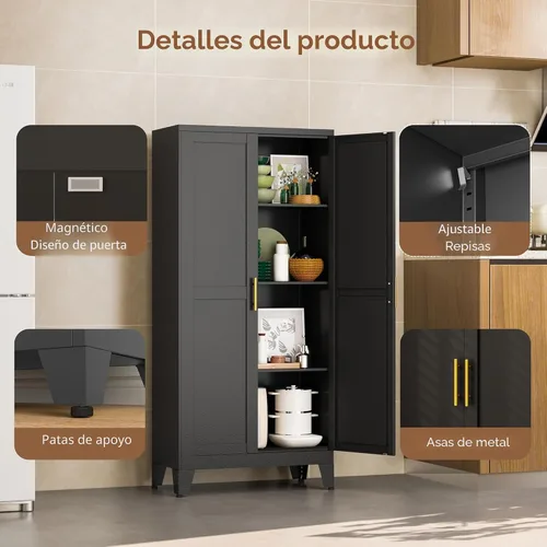 Vista 3 de PAOFIN Armario de almacenamiento de despensa de cocina de metal con 2 puertas y 3 estantes ajustables, armario de despensa con pie de nivelación
