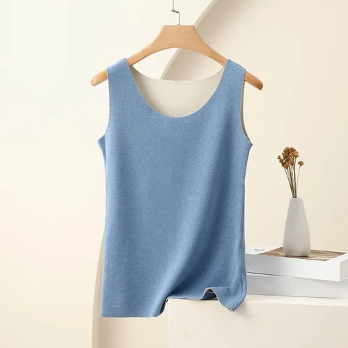 Vista 2 de Camiseta sin mangas de algodón térmico para mujer, camisa de forro polar, sin mangas, camisola, capa base, chaleco cálido sin costuras, cuello