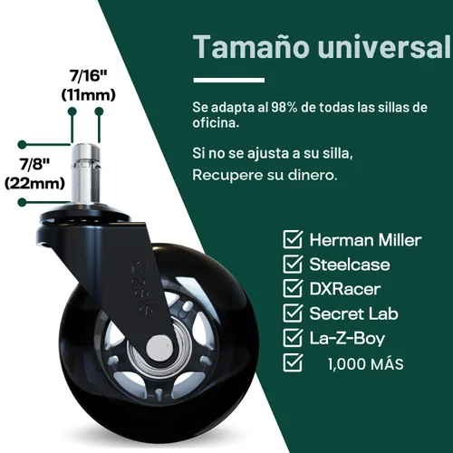 Vista 4 de Ruedas para silla de oficina originales de The Office Oasis (como se ve en PBS) - Ruedas suaves y silenciosas - Seguras para suelos de madera