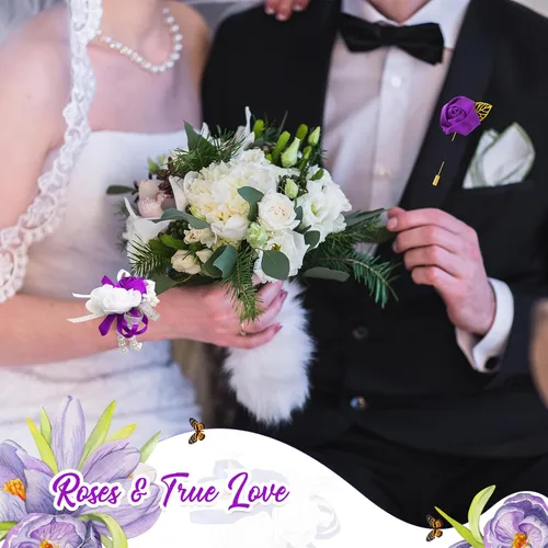 Vista 4 de Tigeen Juego de 24 ramilletes de muñeca y boutonniere para hombre, ramillete de muñeca de boda, flor de mano para madre de novia, novia, decoración