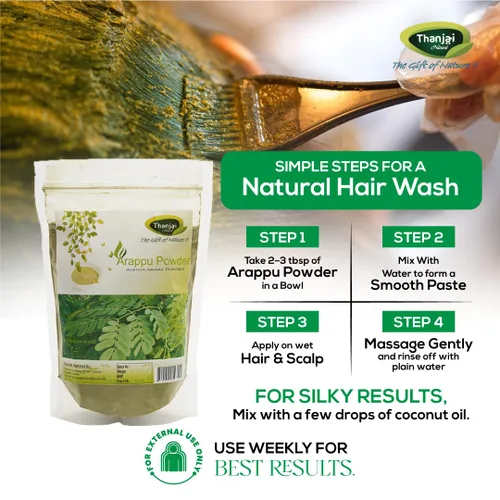 Vista 4 de Thanjai Natural Arappu Polvo 8.82 oz Bolsa 100% Natural Albizia Amara Arappu Polvo Tradicional Lavado de Cabello y Acondicionador de Cabello