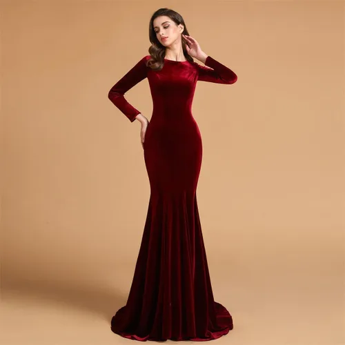 Vista 2 de Joya Cuello Terciopelo Manga Larga Vestidos de baile de Noche Vestidos de Fiesta de Tren Corte de Sirena Vestidos de Fiesta Formal Cremallera Atrás