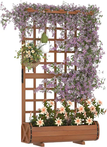 Vista 9 de GarveeLife Paquete de 2 macetas altas de madera con enrejado, cama de jardín elevada de 61.5 pulgadas de alto sobre ruedas, maceta vertical